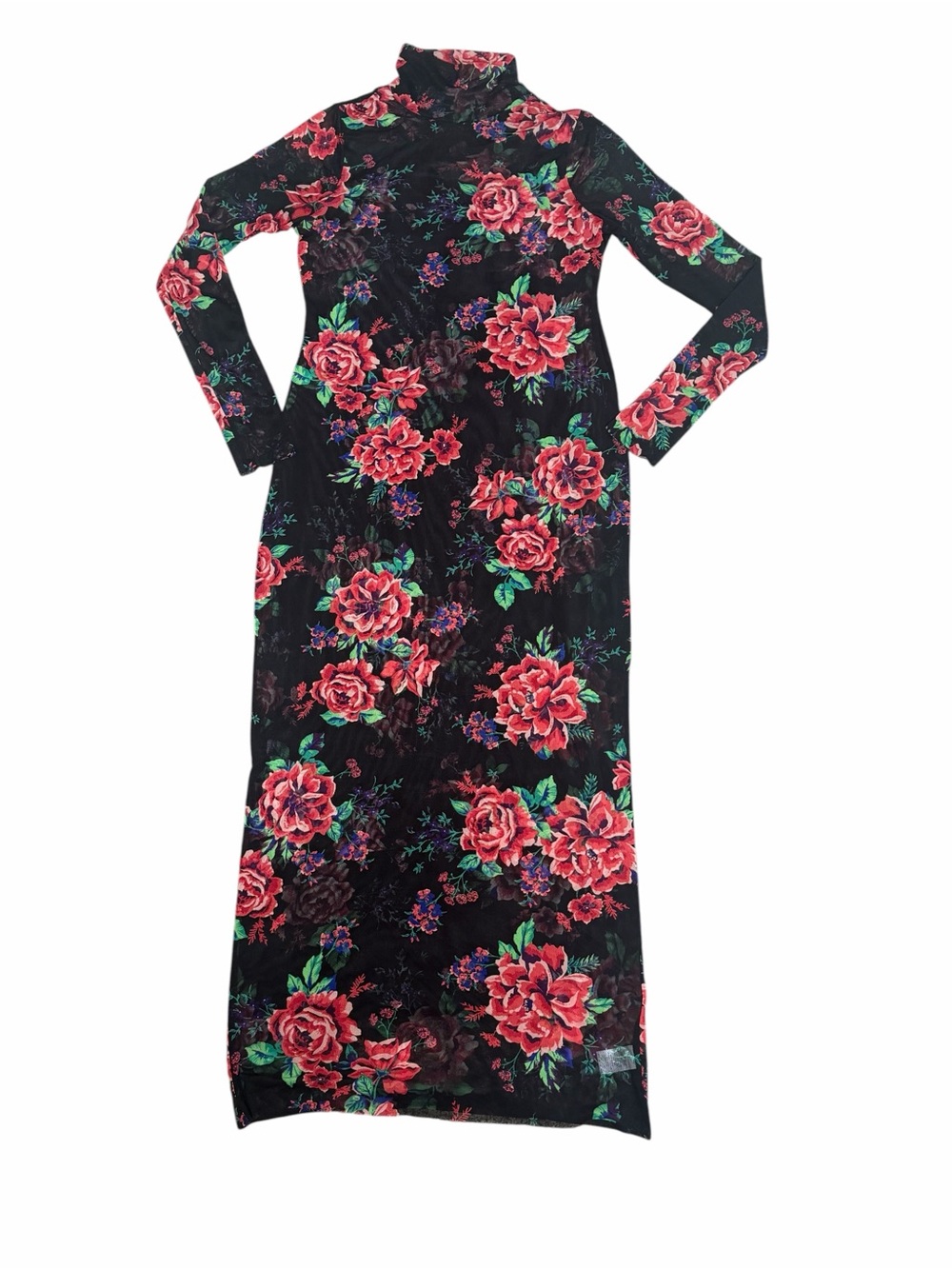 AFRM Shailene Mesh Midi Dress Floral Long Sleeve Turtleneck L with black slip
